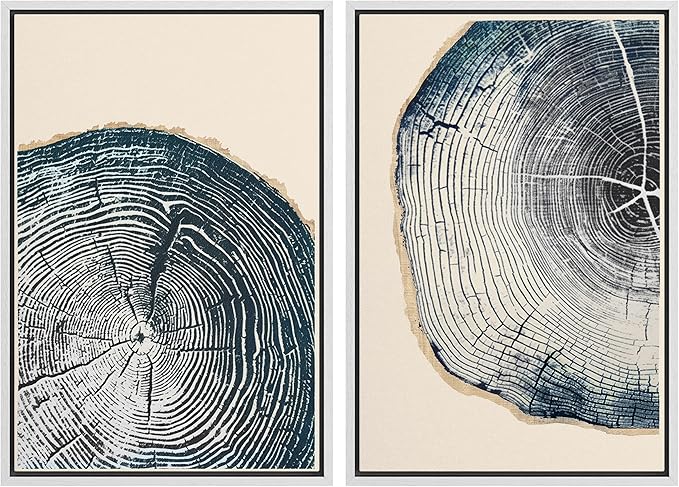 MUDECOR Framed Canvas Print Wall Art Navy Blue Wood Tree Ring Nature Illustration Modern Art Decorative Multicolor Geometric Minimal for Bedroom - 16"x24"x2 White