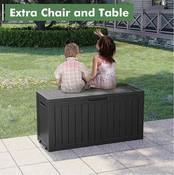 NUNU LAB 75 Gallon Outdoor Storage Box,Large Resin Sturdy Deck Box, Backyard Outside Storage Box Waterproof with Double Wall Panels,Package Delivery Garden Hose Storage Bin Outdoor Tool
