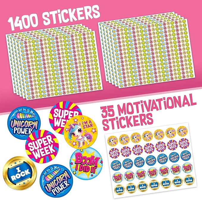 Behavior Reward System - Pad with 26 Chore Charts for Kids, 1400 Stickers to Motivate Responsibility & Good Habits (Unicorn)
