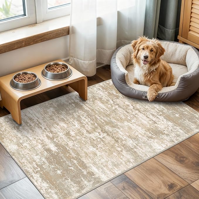 Runners for Hallways Non-Slip 2x4 Washable Kitchen Rug Abstract Tear and Stain Resistance No Pile Hand-Woven Style Lightweight Runners for Entryway, Laundry Room, Bedside, Beige/Yellow