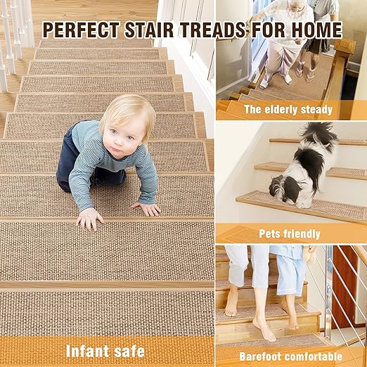 Deerly Linen Stair Treads Non Slip 15pcs Stair Runner for Wooden Steps Peel and Stick Stairs Carpet Treads Indoor Staircase Covers Mat with Self-Adhesive Backing for Pets and Kids 8"X30" Beige