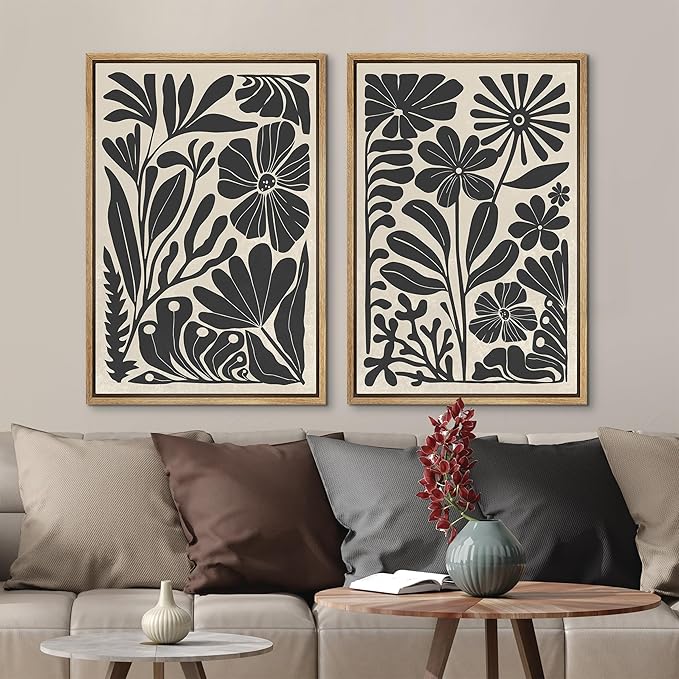 MUDECOR Framed Canvas Wall Art Abstract Floral Botanical Prints Minimalist Boho Wall Decor for Bedroom - 24"x36"x2 Natural