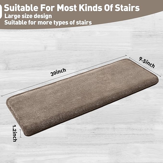 PURE ERA Carpet Stair Treads Ultra Plush 9.5" X 30"Soft Bullnose Indoor Stair Protectors Pet-Friendly Non-Slip Skid Resistant Tape Free Washable Reusable(7 Pieces,Brown)