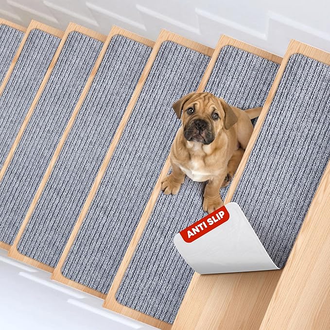 MBIGM 8" X 30" (15 in Pack) Non-Slip Carpet Stair Treads Non-Skid Safety Rug Slip Resistant Indoor Runner for Kids Elders & Pets with Reusable Adhesive - Light Gray - Carpet Pads for Stairs