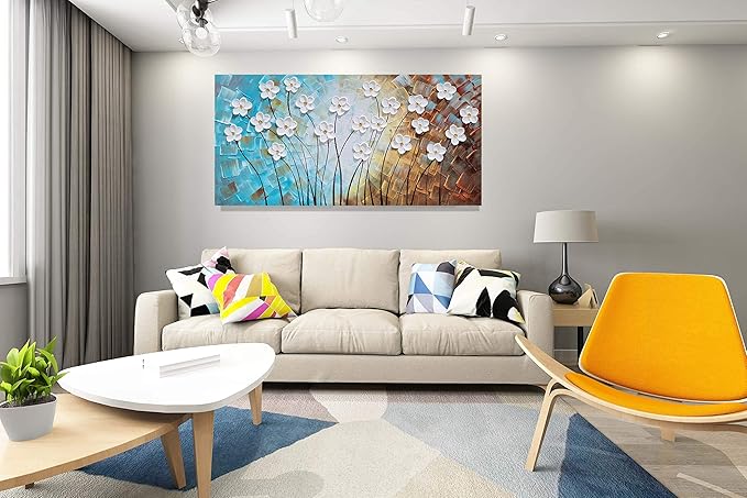 YHSKY ARTS Artisan Crafted Three Dimensional White Floral Relief Wall Decor, Abstract Botanical Canvas Artwork forLiving Room Bedroom Decor