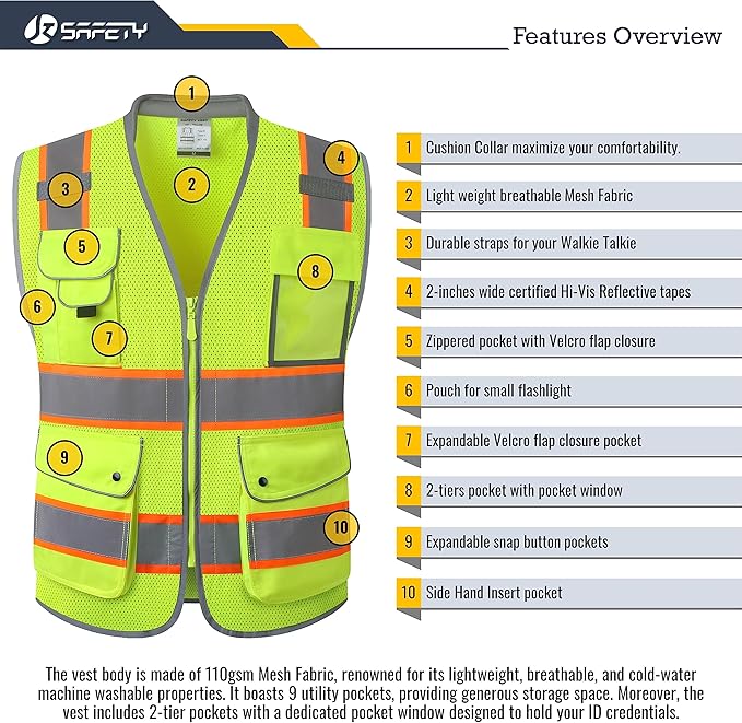 JKSafety 9 Pockets Hi-Vis Safety Vest Breathable Mesh Fabric Cushioned Collar Work Utility PPE Lightweight Industrial Work Gear ANSI/ISEA compliant (101-Yellow XL)