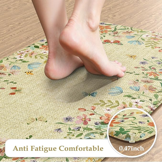 KIMODE Kitchen Mats Cushioned Anti Fatigue, Summer Farmhouse Flower Kitchen Rugs Sets of 2, Padded Kitchen Floor Mats, Non Slip Standing Mats for Sink Laundry Office Desk Brown 20"x47"+20"x32"