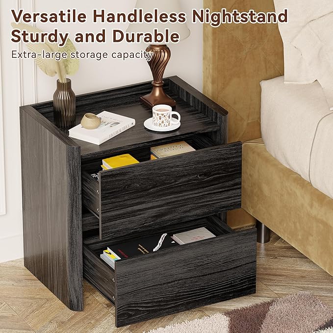 Nightstand with 2 Storage Drawer, Modern End Table for Bedroom with Cut-Out Handle, Large Night Stands for Bedroom, Home Office, Set of 1, Dark Grey