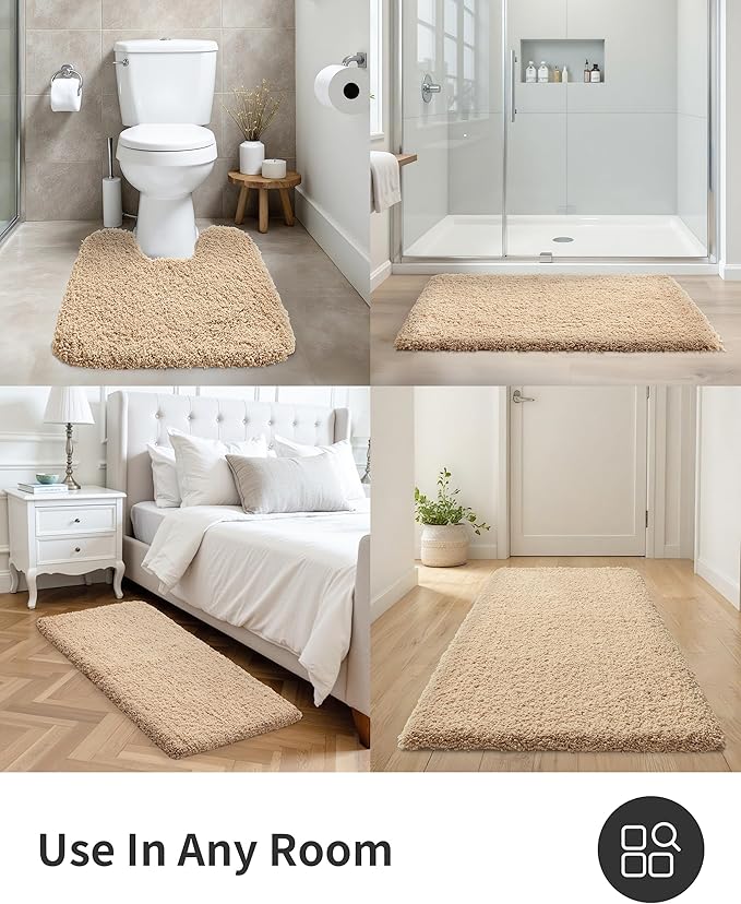 ILANGO Beige Bathroom Rugs 48" × 24" Non Slip & Super Absorbent Extra Thick Soft, Washable Bath Mat for Floor, Microfiber Plush Shaggy Bath Rug with Rubber for Bathtub Shower Room Sink