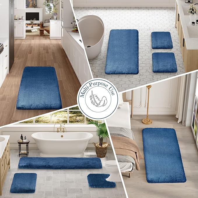 Walensee Non Slip Bath Mat (16 x 24, Navy) - Soft Microfiber Shaggy, Water Absorbent, Machine Washable, Thick Plush Shower Rug