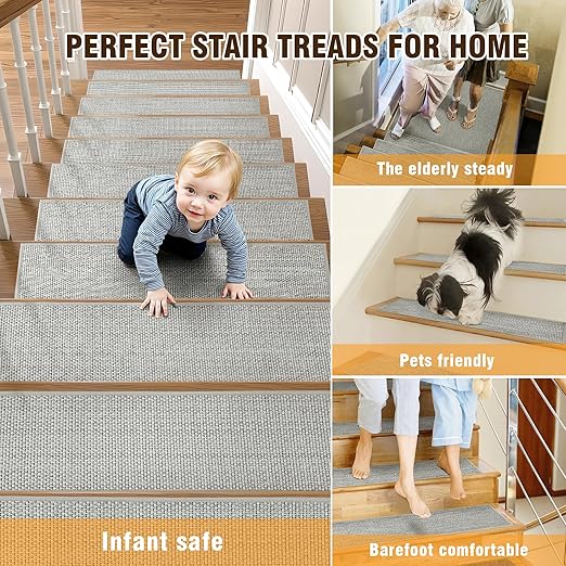 Chenille Stair Treads Non Slip 15pcs Stair Runner for Wooden Steps Rubber Backing Stairs Carpet Treads Indoor Staircase Covers Mat with Rubber Backing for Pets and Kids 8"X30" Grey
