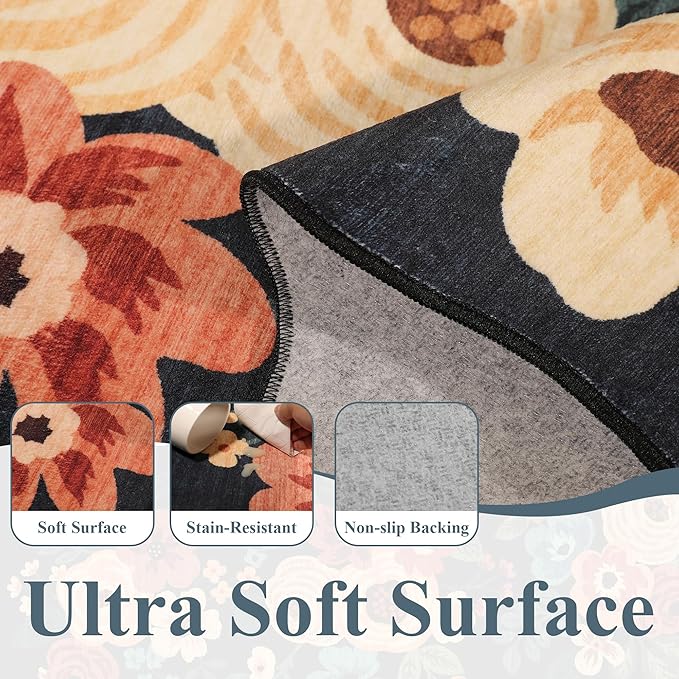DUKINO 5x7 Area Rug, Floral Washable Rugs for Living Room with Non Slip Backing & Non-Shedding, Lightwight Low Pile Boho Design Large Carpets for Bedroom, Living Room, Dining Room, Navy Blue