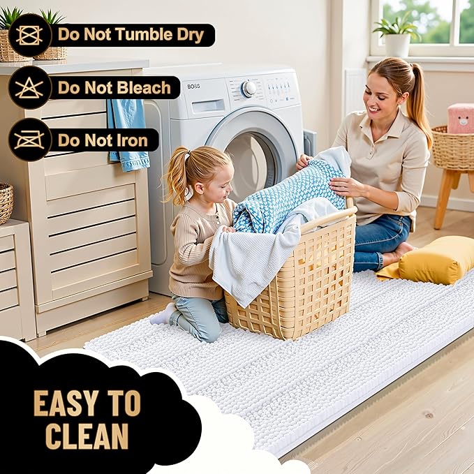 OLANLY Thick Bathroom Rugs 44x24, Extra Soft Absorbent Chenille Striped Bath Rugs, Rubber Backing, Machine Wash Dry, Bath Mats for Bathroom Floor, Tub and Shower, Home Decor Accessories, White
