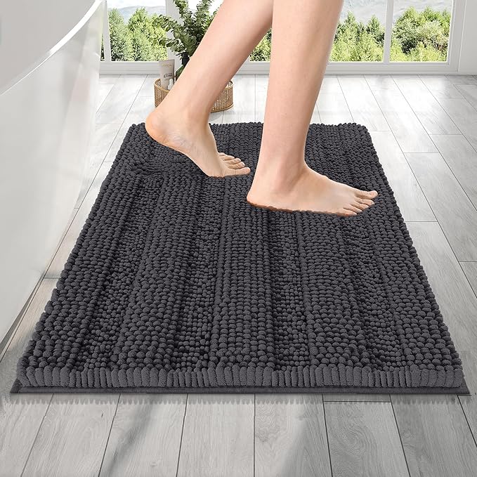 OLANLY Thick Bathroom Rugs 24x16, Extra Soft Absorbent Chenille Striped Bath Rugs, Rubber Backing, Machine Wash Dry, Bath Mats for Bathroom Floor, Tub and Shower, Home Decor Accessories, Dark Grey