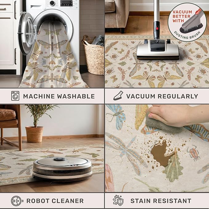Boho 2x5 Long Bathroom Rug - Laundry Room Rug Runner for Kitchen, Washable Non Slip Soft Stain Reistant Beige and Yellow Neutral Insect Design Decor