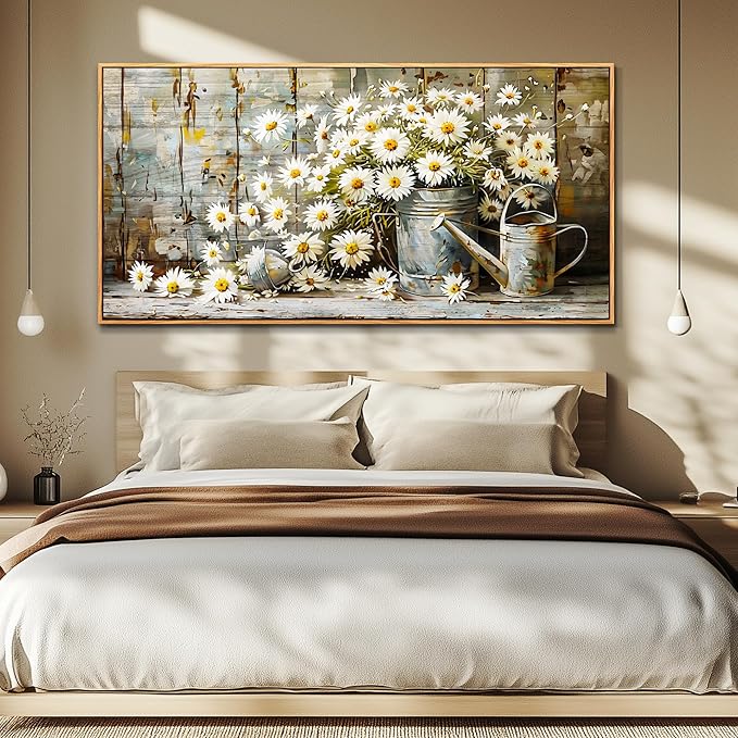 PHAOHUAXM Large Canvas Wall Art For Living Room Wall Decoration Printing Artwork Retro White Flower Dining Room Bedroom Bathroom Kitchen Wall Painting Home Decoration Aesthetics 30x60 In Wood Frame
