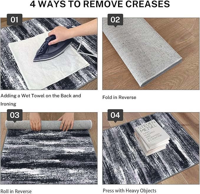Modern Abstract Runner Rug 2x6, Black Grey Washable Entryway Runner Non-Slip Soft Hallway Rug Runner Thin Print Faux Wool Carpet for Kitchen Bedroom Laundry Room Indoor