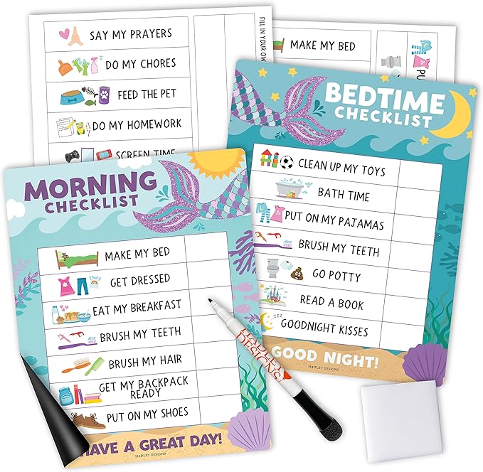 Magnetic Morning & Bedtime Routine Chart for Kids - Customizable Toddler Daily Schedule Board with Dry Erase Surface, Stickers & Marker, Build Habits with Visual Checklists, Mermaid Theme