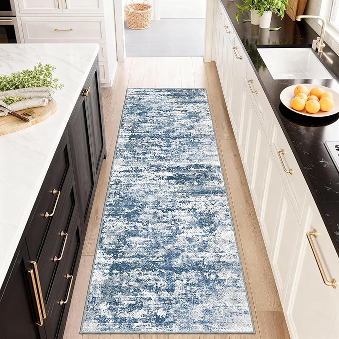 Abstract Washable Runner Rug 2x6, Blue Non-Slip Hallway Rug, Woven Non-Shedding Thin Runners for Entryway, Kitchen, Laundry Room