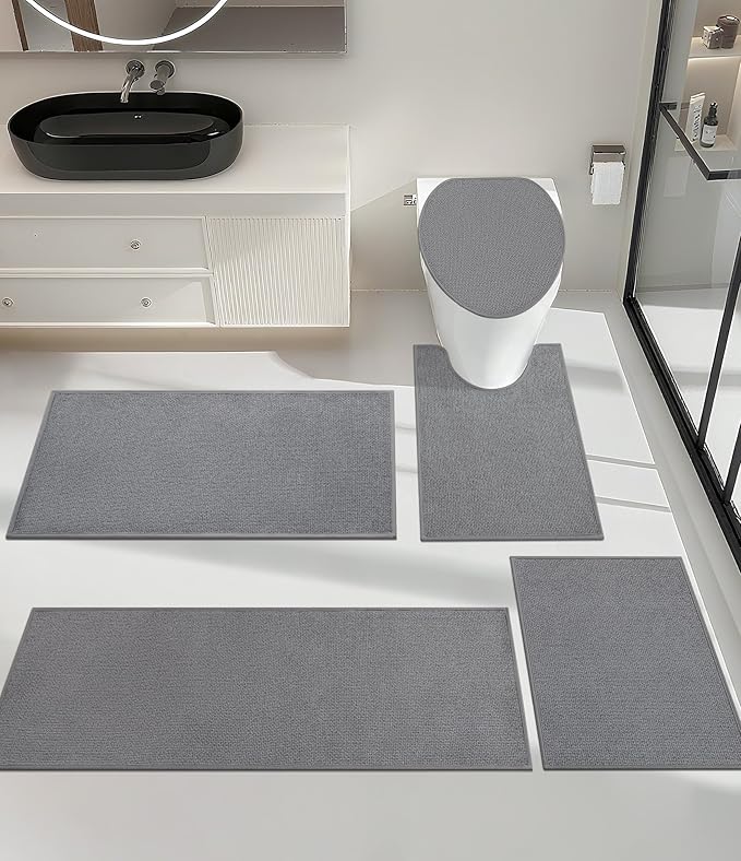 YIHOUSE Bathroom Rugs Mats Sets 5 Pieces Gray, Ultra Thin Bath Mat Absorbent Non Slip Bath Rugs for Bathroom Washable, Shower, Sink, Laundry (Gray, 5 Pieces)