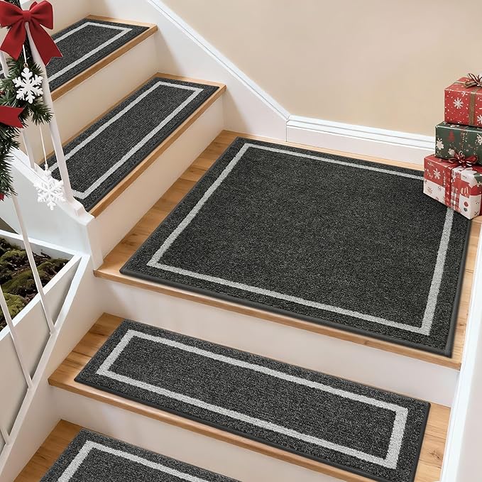 COSY HOMEER Stair Landing Rug 30x30 Inch, Non-Slip Square Landing Mat for Wood Steps Indoor, Washable Polyester with TPE Backing, Black