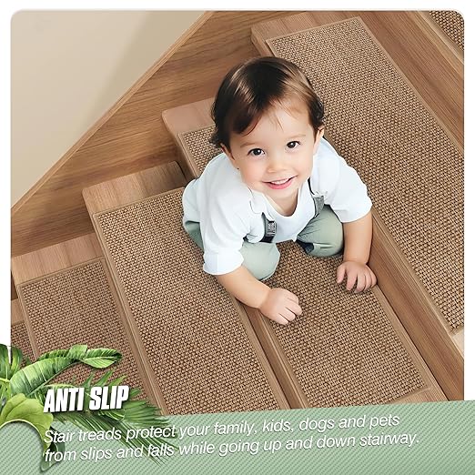Linen Stair Treads for Wooden Steps, 15 Pack 8" X 30" Carpet Stair Runners Non Slip Indoor, Peel and Stick Stair Treads for Kids Elders and Pets, Beige