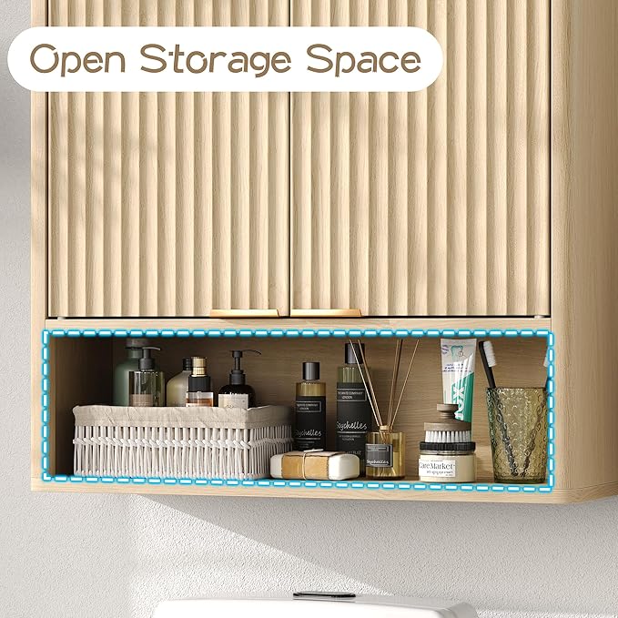 Furnideco Bathroom Medicine Cabinet with Fluted Doors, 3-Tier Modern Wall Cabinet Over Toilet, Small Hanging Storage Cabinet for Bathroom, Natural