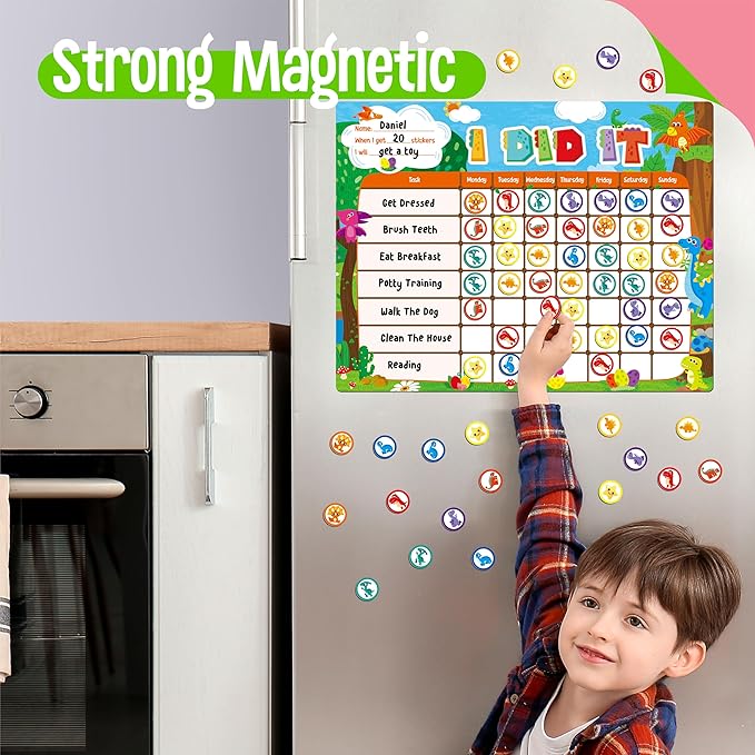 Magnetic Reward Chart, Dry Erase Task Board-One Chart & 72 Magnetic Reward Magnets, Dinosaur Theme Behavior Tracker for Daily Routine, Potty Training