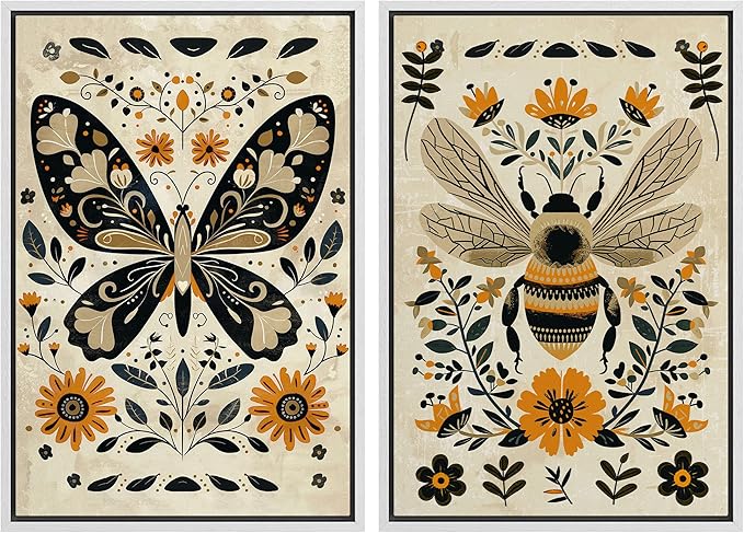 MUDECOR Framed Canvas Print Wall Art Set Butterfly Animals Botanical Bee llustrations Modern Art Decorative Bohemian Calm/Zen for Living Room, Bedroom, Office - 16"x24"x2 White