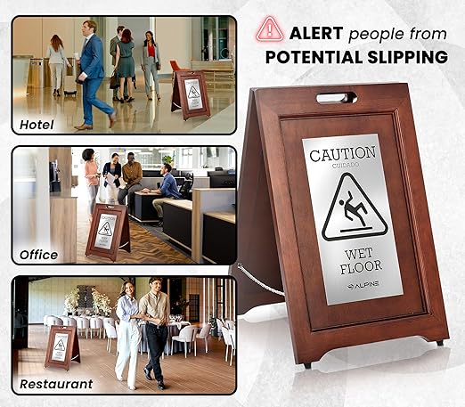 Alpine Wooden Wet Floor Sign – High-End Slippery When Wet Caution Sign, Bilingual English & Spanish, Stainless Steel Plate, Foldable, Rubber Tips, Safety Warning for Hotels, Restaurants & Offices