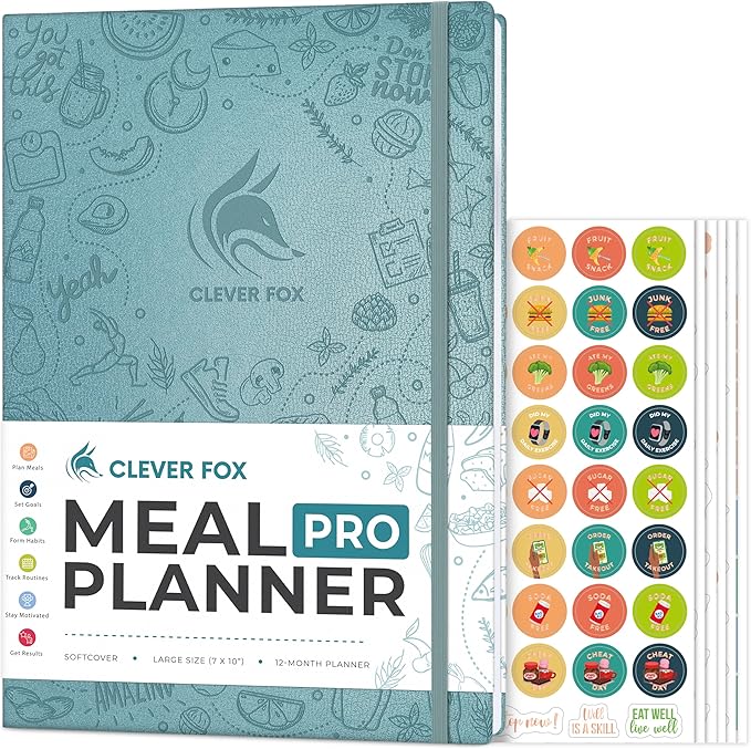 Clever Fox Meal Planner PRO – Weekly Meal Prep Journal with Grocery List & Weigh Loss Tracker – Diet, Fitness & Welness Log Book – Nutrition Diary Notebook – Lasts 12 Months, 7x10” (Aquamarine)