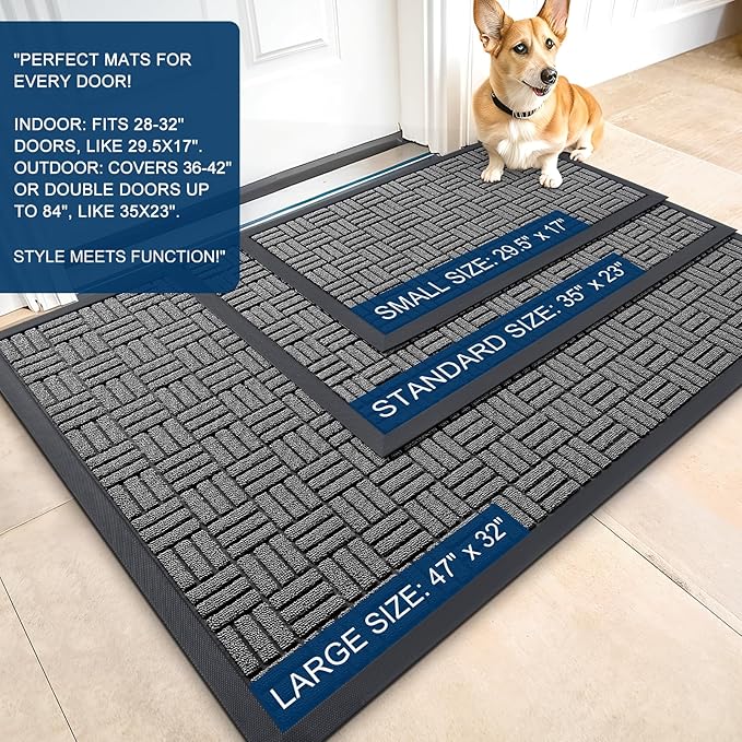 OLANLY Front Door Mat Outside Entrance 29.5x17, Absorbent, Heavy Duty Sturdy Natural Rubber Doormat Indoor Outdoor, Stain and Fade Resistant, Non-Slip Backing Low Profile Floor Mat for Entryway, Grey