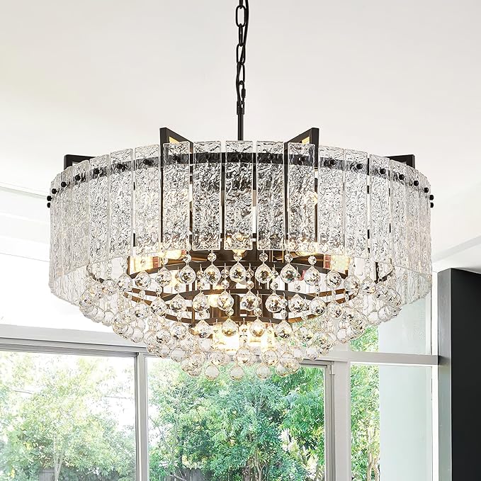 29.2" 16-Light Modern Glass Chandelier Light Fixtures Large Black 4-Tier Crystal Beads Chandeliers for Dining Room Round Hanging Ceiling Pendant Lighting for Bedroom Entryway Foyer Stairway