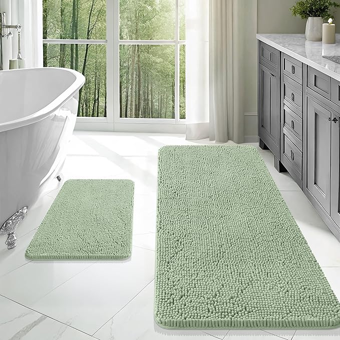 OLANLY Bathroom Rugs Sets 2 Piece, Soft Absorbent Chenille Bath Mats Area Rug Set, Non-Slip, Quick Dry, Machine Washable Bath Mats for Bathroom, Home Decor Accessories (47"x20"+24"x16", Sage Green)