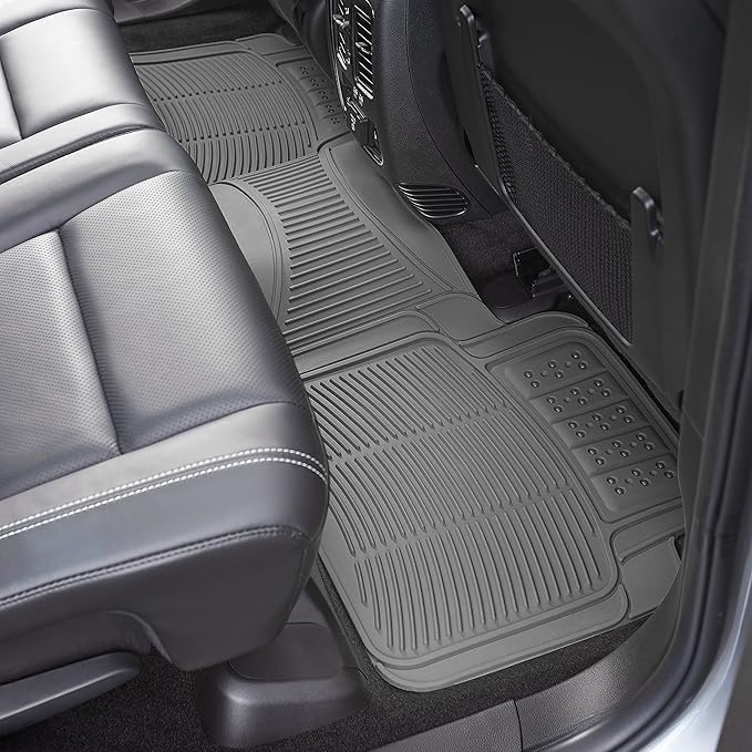 Amazon Basics Universal PVC Faux Rubber Car Floor Mats, All Weather Protection, Waterproof Flexible Trim to Fit for 95% Automotive SUV Sedans Trucks, Charcoal Pure Grey Solid Gray, Pack of 3