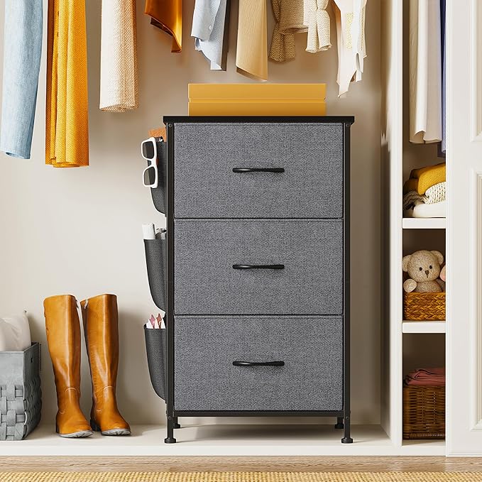 Night Stand Set 2, Night Stand with Drawers for Bedroom, Bedside Table with Wooden Top, Sturdy Steel Frame End Table, Dorm Nightstand for Bedroom, Entryway, Hallway, Closet, Cloth Bags, Hooks, Grey