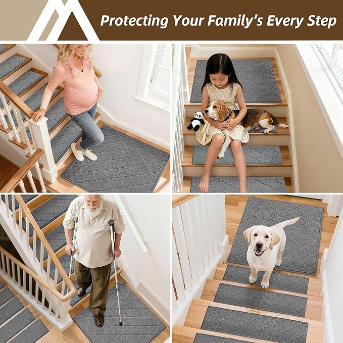 COSY HOMEER Stair Landing Rugs Non-Slip Corner Indoor Edging Stair Treads for Wooden Steps,Washable Soft Stair Landing Mat for Kids,Elder and Dogs,Polyester,TPE Backing,Medium Grey,30x30inch