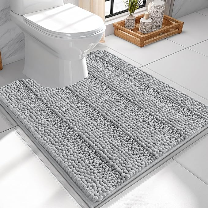 OLANLY Thick Toilet Rugs U-Shaped 24x20, Extra Soft Absorbent Chenille Striped Contour Bathroom Rugs for Toilet, Dry Quickly, Machine Washable, Non-Slip Bath Mat, Light Grey