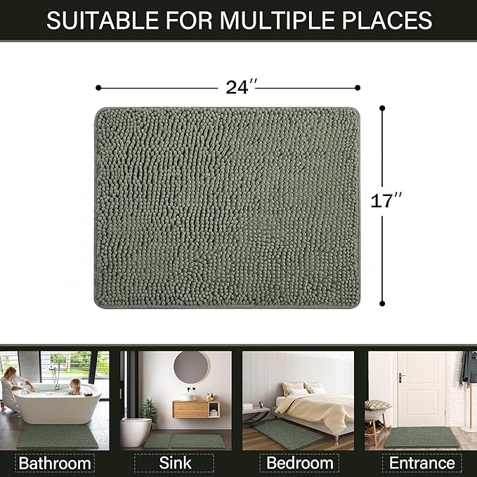 LOCHAS Luxury Bathroom Rug Shaggy Bath Mat 24 x 17 Inch, Washable Non Slip Bath Rugs for Bathroom Shower, Soft Plush Chenille Absorbent Carpets Mats, Sage Green