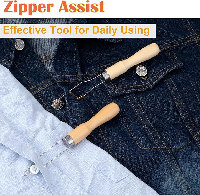 2 Packs Easy Button Hook, Steel Button Helper Tool for Elderly, Wide Wood Handle Buttons Fastener Device Assist Dressing Aid Tool for Seniors One Hand - Small Button and Universal