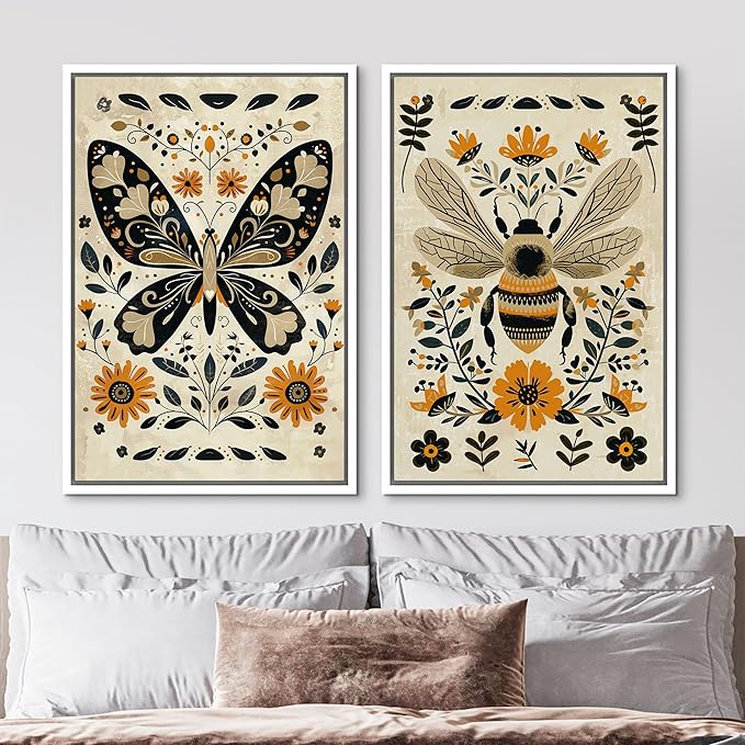 MUDECOR Framed Canvas Print Wall Art Set Butterfly Animals Botanical Bee llustrations Modern Art Decorative Bohemian Calm/Zen for Living Room, Bedroom, Office - 16"x24"x2 White