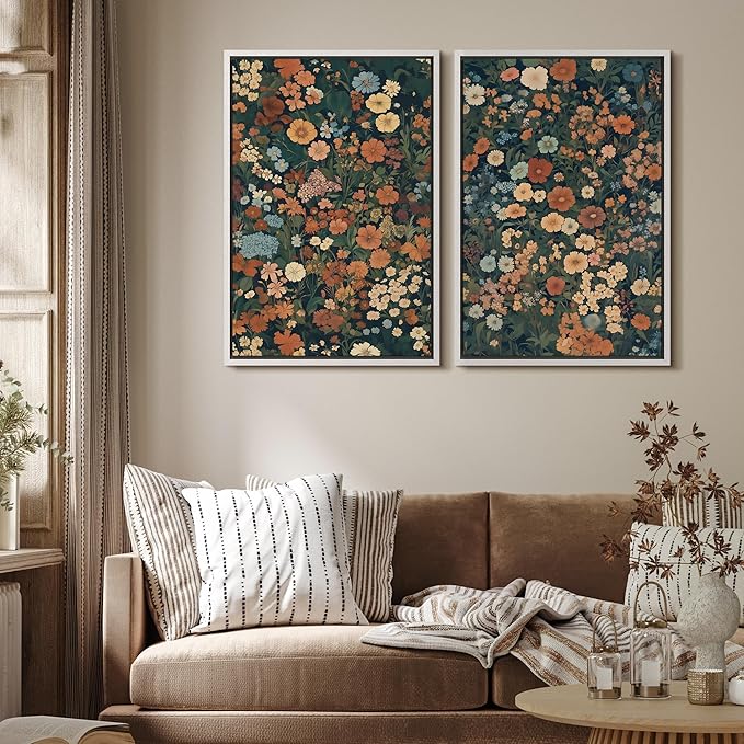 MUDECOR Framed Canvas Print Wall Art Vintage Floral Botanical Colorful Wildflowers Illustrations Modern Art Decorative Bohemian Colorful for Living Room, Bedroom, Office - 16"x24"x2 White