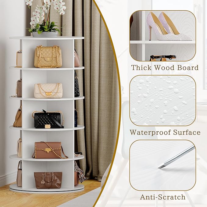 Wooden Rotating Shoe Rack, 5 Tier Spinning Shoe Rack Tower for Closet, Storage Organizer for Entryway, Bedroom, Living Room (Embossed White, 5 Tier)