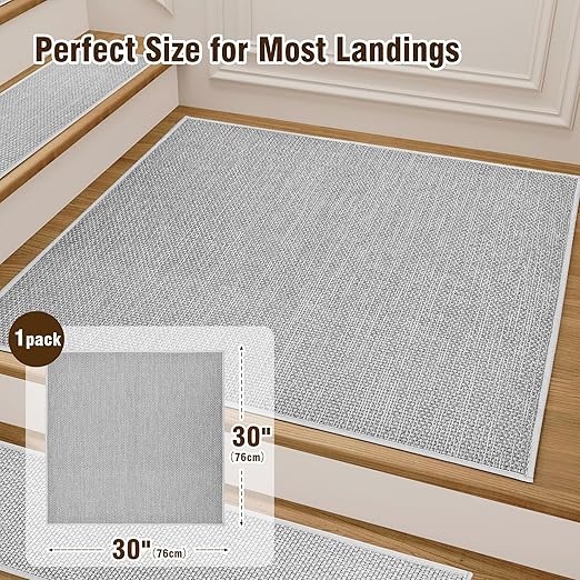 Deerly Comfortable Stair Landing Carpet Non Slip Breathable Linen Rug for Wooden Steps Peel and Stick Landing Mat Covers Indoor Absorbent with Self-Adhesive Backing 30"X30" Grey