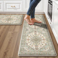 Boho Kitchen Mats for Floor 2 Piece Set Anti Fatigue Cushioned PVC Kitchen Rugs Non Slip Waterproof Farmhouse Mats 2/5 Inch Comfort Standing Mat for Sink, Laundry, 17.3"x47"+17.3"x28", Green Beige