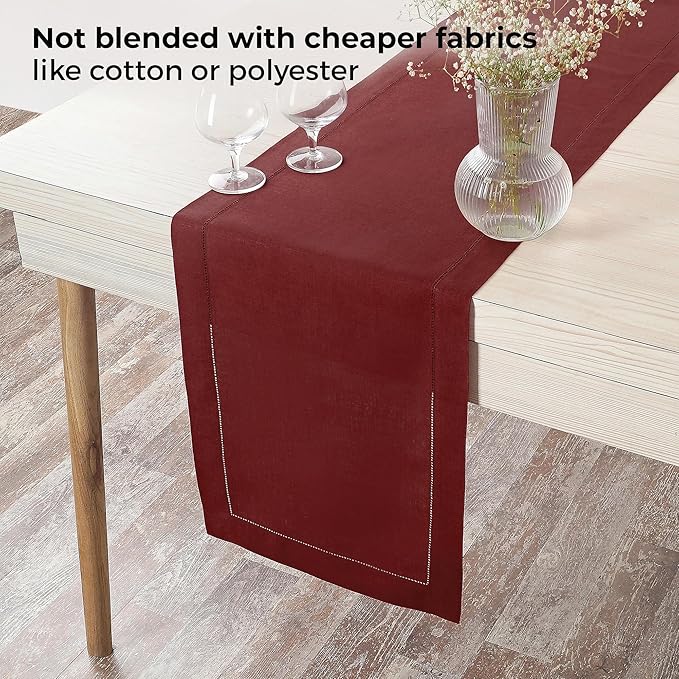 D'Moksha Homes Linen Dark Red Table Runner 84 Inches Long - 100% Pure Linen Table Runner 14 x 84 Inch for Valentines, Spring - Classic Hemstitch