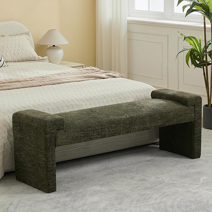 58.7" End of Bed Bench Upholstered Modern Bedroom Bench for Living Room & Entryway, Easy Assembly, Footrest Ottoman Accent Window Bench with Solid Wood Frame & Curved Arm, Green