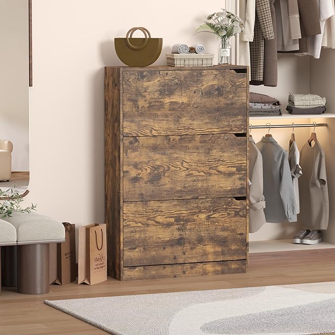 Shoe Cabinet with 3 Flip Drawers, 47" Slim Hidden Wood Shoe Storage Cabinet with Adjustable Shelf, Freestanding Narrow Shoe Rack Organizer for Entryway, Hallway, Brown