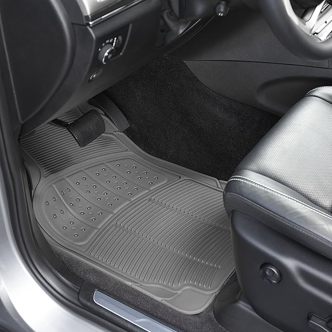 Amazon Basics Universal PVC Faux Rubber Car Floor Mats, All Weather Protection, Waterproof Flexible Trim to Fit for 95% Automotive SUV Sedans Trucks, Charcoal Pure Grey Solid Gray, Pack of 3