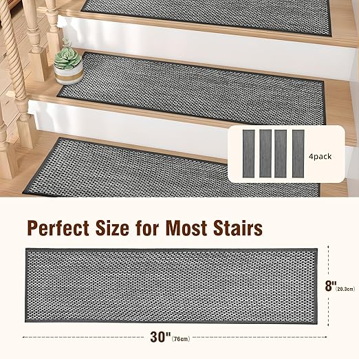 Deerly Linen Stair Treads Non Slip 4pcs Absorbent Stair Runner for Wooden Step Peel and Stick Stairs Carpet Treads Indoor Staircase Covers Mat with Self-Adhesive Backing for Pet Kid 8"X30" Black White